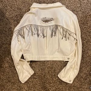 White rhinestone fringe jean jacket
